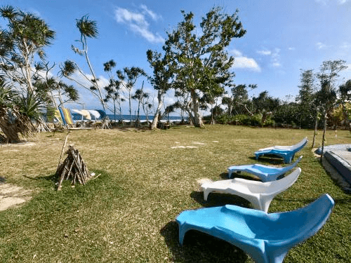 Sun loungers on the lawn at Blue Pango Guesthouse overlooking the ocean